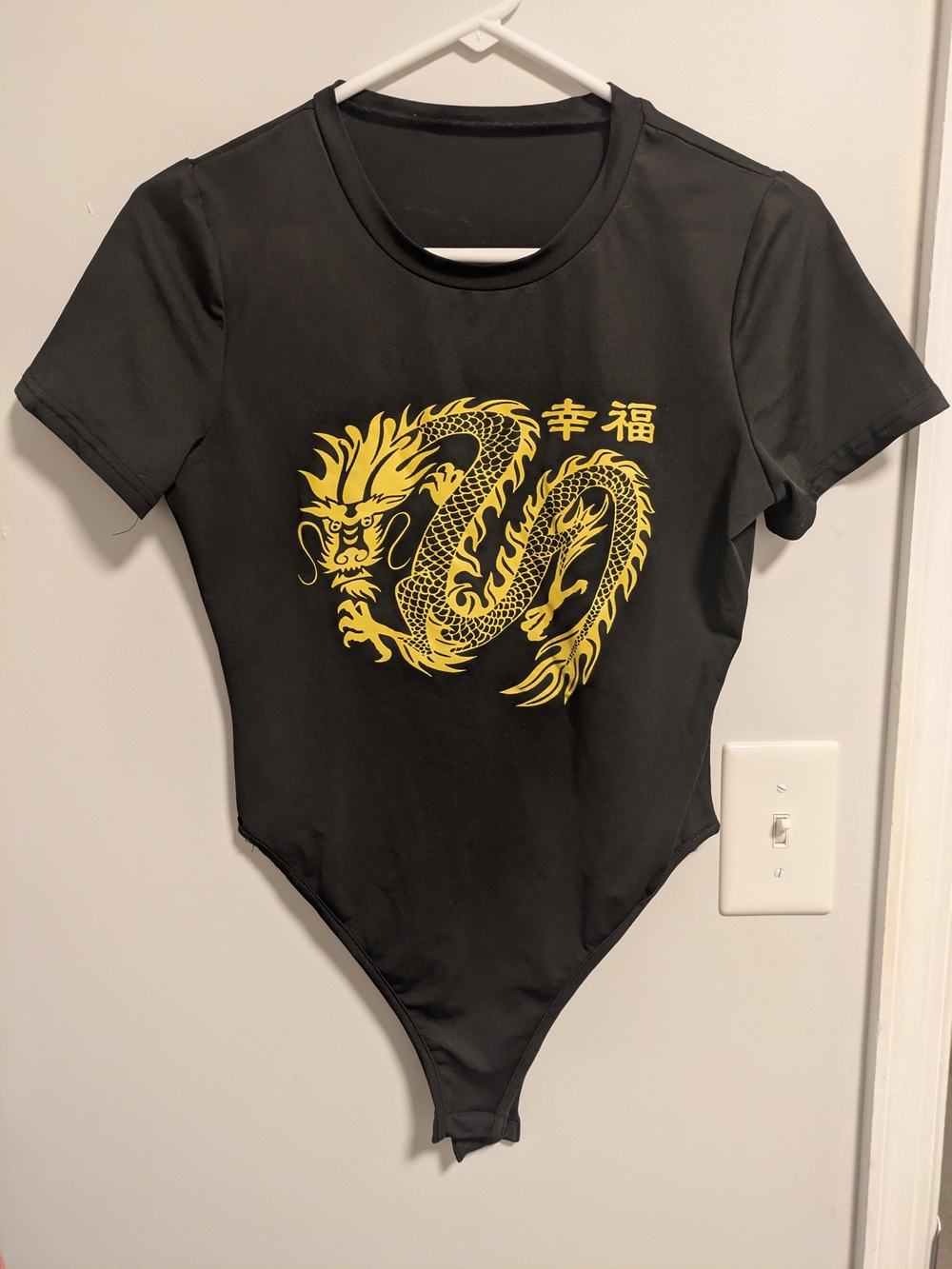 SHEIN Black Bodysuit with Yellow Dragon Graphic Size 0X Asian Chinese Kanji